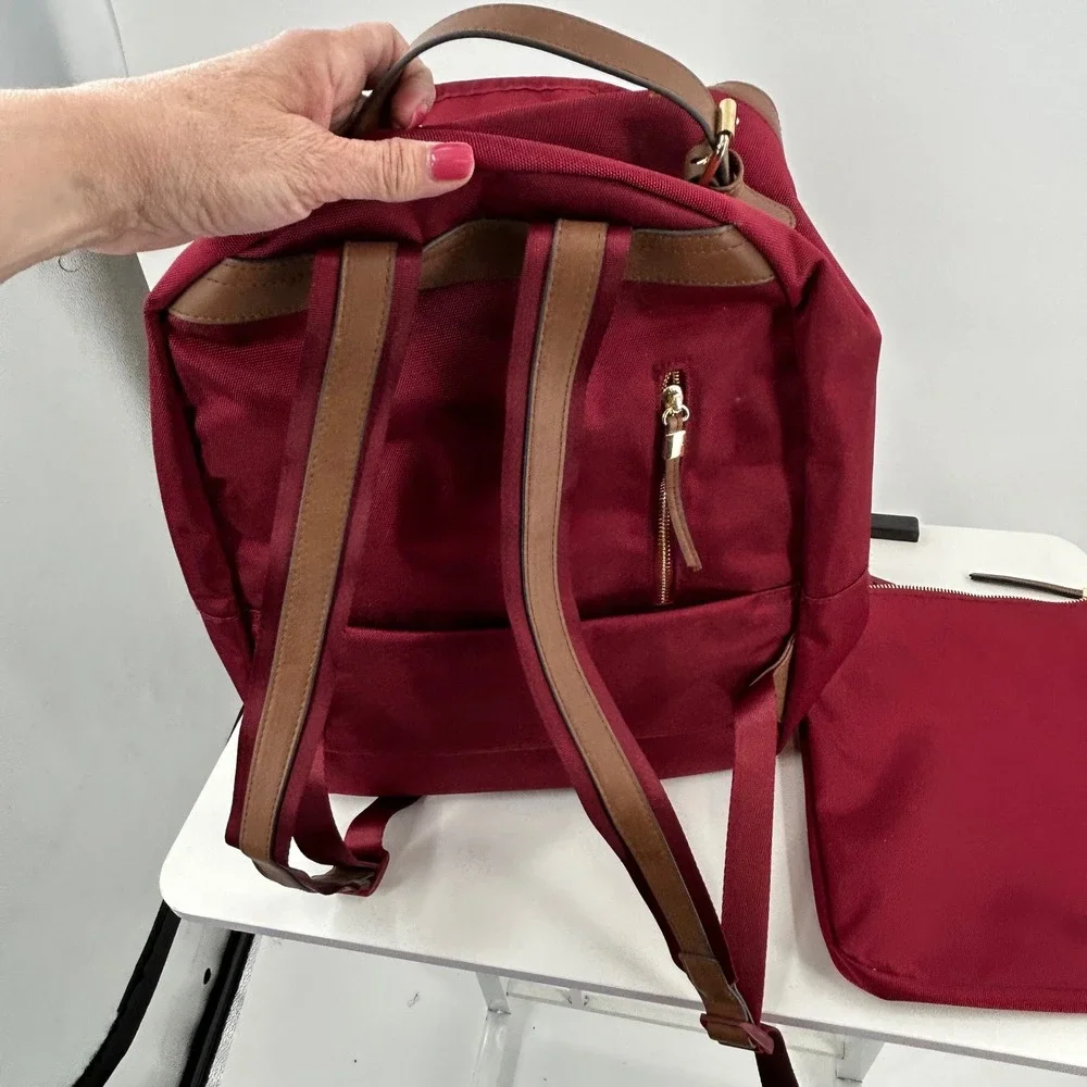 Tommy‎ Bahama Burgundy Canvas Backpack and Crossbody Bag Set Gold Tone Hardware